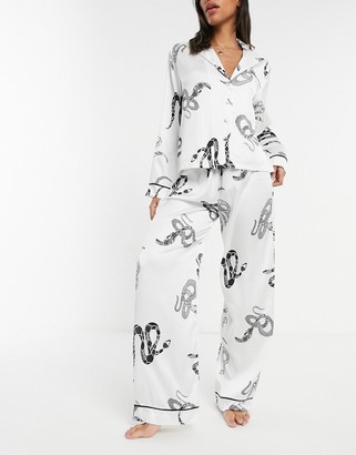 ASOS DESIGN premium snake traditional satin shirt & pant pajama set in  white - ShopStyle