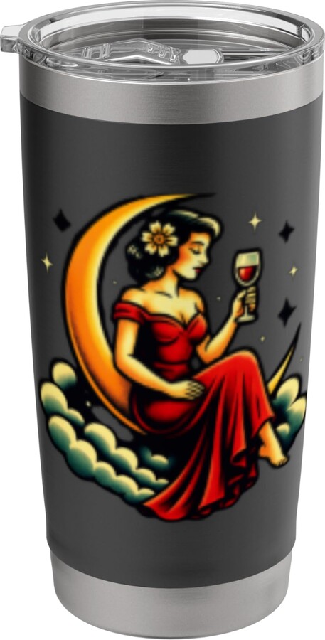 Pin Up Wine Lover Gift Retro Tattoo Art Shirt Vintage Pin-Up Girl Wine Lover Funny Retro Celestial Art Stainless Steel Insulated Tumbler