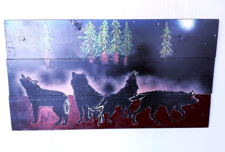 Rustic Wolf Pack Painting "Wolves Into The Night" Wall Art Woodland Wildlife Outdoor Cabin Cottage Home Lodge Decor 076