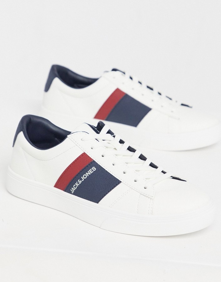 Jack and Jones faux leather sneakers with stripe logo in white - ShopStyle