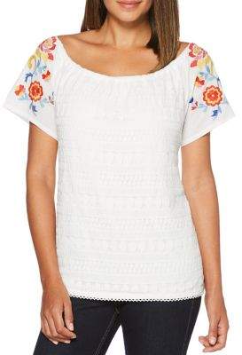Rafaella Embroidered Short-Sleeve Off-The-Shoulder Top