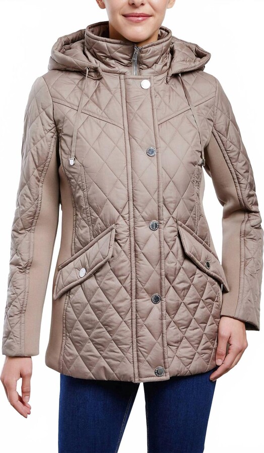 London Fog Zip Front Hooded Quilted Jacket In Truffle