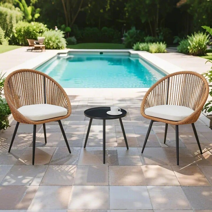 Brown 3-Piece Wicker Outdoor Dining Conversation Set with White Cushions and Anti-Spill Round Coffee Table