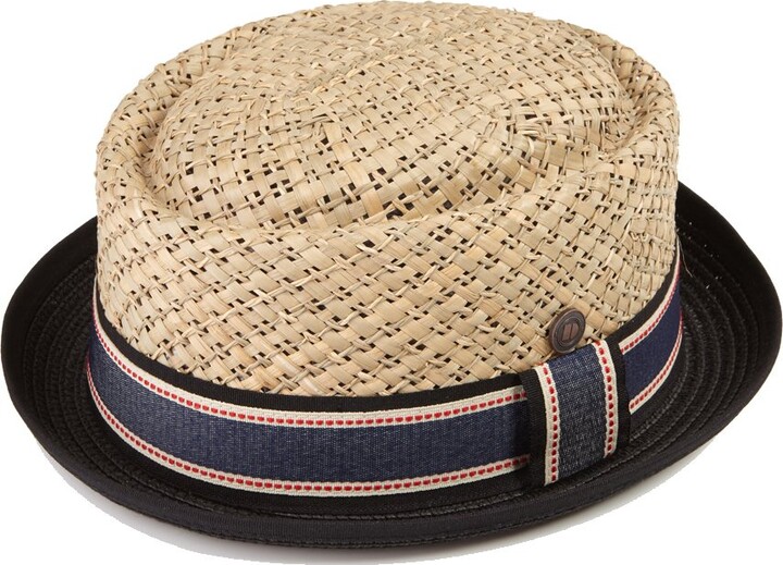 DASMARCA Mens Straw Summer Pork Pie Hat Jake Natural Crown with Black