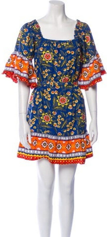 Joie A-Line Dress Blue Floral Print Pleated & Ruffle Accents Short Sleeve with Square Neckline Sash-Tie Closure at Front Designer