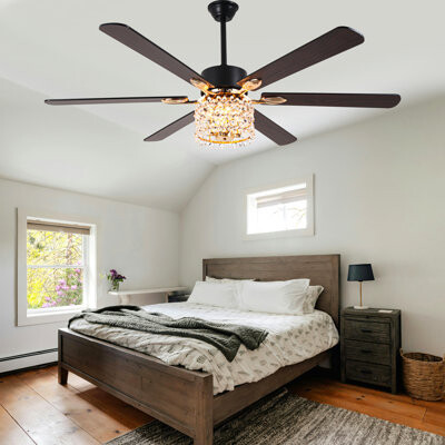 65" Modern Crystal Ceiling Fan with Light Kit and Remote 6-speed Reversible Motor with Crystal Shade