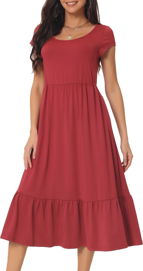 Unique Bargains Women’s Tiered Round Neck Ruffle Hem Short Cap Sleeve Knit Midi Dress S Wine Red
