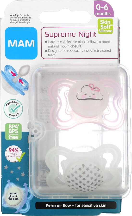 Mam Supreme Night Pacifier, 0-6 Months, Pink/Clear, 2 Count
