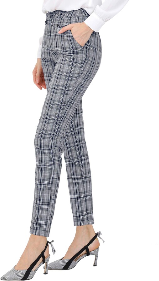 Allegra K Women's Plaid High Waisted Straight Pant Ankle Tartan Office  Trousers Grey 4 - ShopStyle