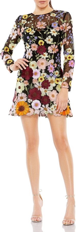 Mac Duggal Floral Embroidered Long Sleeve Mini Dress