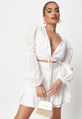 Missguided White Co Ord Broderie Tie Crop Top