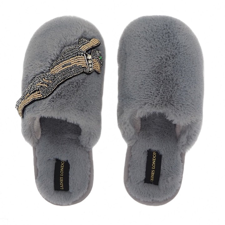 Laines London Closed Toe Grey Fluffy Slippers With Crystal Platinum