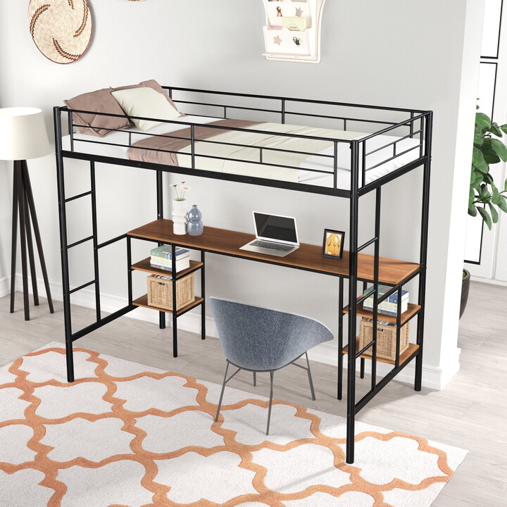Miniyam Metal Twin Size Loft Bed with Desk and Shelves for Kids, Black