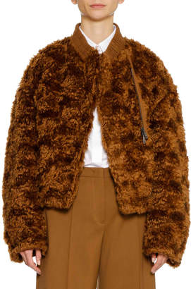 Jil Sander Zip-Front Furry Mohair Bomber Jacket w Elastic Band Collar