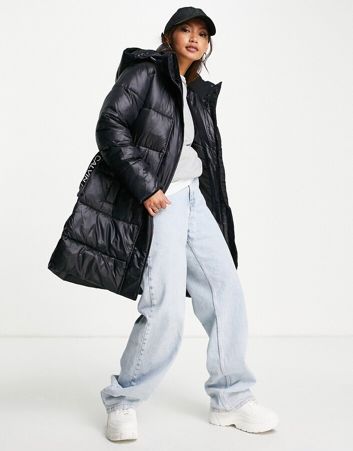 Calvin Klein Jeans logo belt long puffer jacket in black - ShopStyle