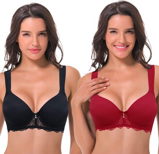 Curve Muse Women's Plus Size Unlined Underwire Lace Bra with Cushion  Straps-2PK-Dark Red,Nude-46B 
