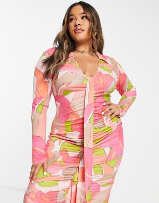 ASOS Curve ASOS DESIGN Curve sash ruche front shirt midi dress in pink abstract print