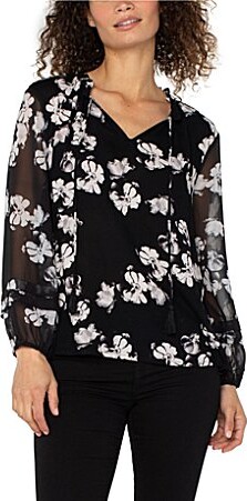 Liverpool Los Angeles Crepe Georgette Floral Print V-Neck Tassel Tie Long Sleeve Blouse