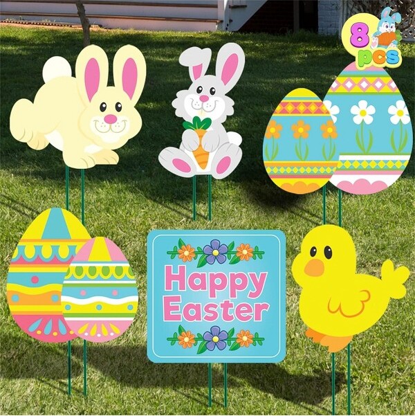 JOYIN 8 Pcs Easter Yard Signs Decorations Outdoor, Happy Yard Stake Signs Easter Lawn Decor for Easter Hunt Game, Party Supplies Decor, Props