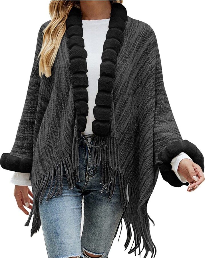 Women's Black Shawl Wrap Poncho Cape Cardigan Sweater Open Front for Fall Winter