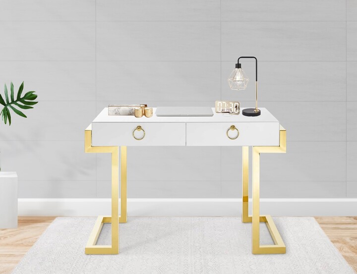 Lincoln Modern White High Gloss Home Office Computer Writing Desk with Gold Metal Legs ShopStyle