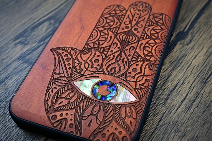 Hamsa Wood Phone Case Pearl Inlay, Laser Engraved