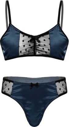 Choomomo Men's Satin Shiny Sissy Lingerie Set Crossdresser Ruffled Sheer  Mesh Bra Top with Panties Blue L - ShopStyle