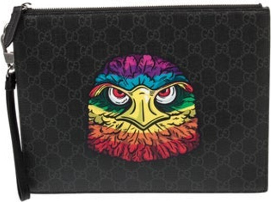 Gucci Portfolio Black & Grey GG Supreme Silver-Tone Hardware Leather Trim Wrist Strap Leather Trim Embellishment Canvas Lining & Single Interior Pocket with Card Slots Zip Closure at Top