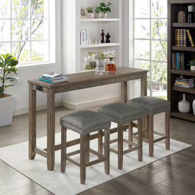 Transitional Style 4-Piece Dining Table Set 1 X Table 3 X Stool Padded Seat Nailhead Trim Usb Port Wire Brushed