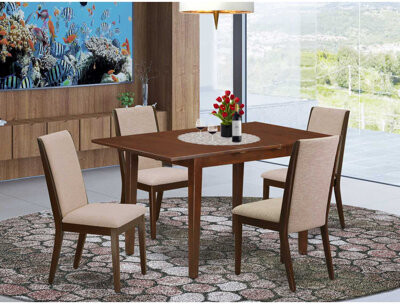 5-Piece Mahogany Finish Solid Wood Top - Upholstered Dining Room Set with Butterfly Leaf - Seats 4