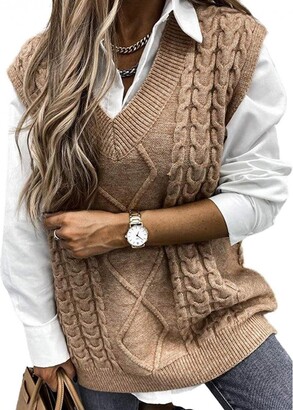 Modasua Womens Sweater Vest Stylish Vintage V Neck Chunky Knitted Sleeveless Jumpers 