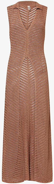 Devon Windsor Womens Truffle Gretta Collared Metallic-Knit Top S