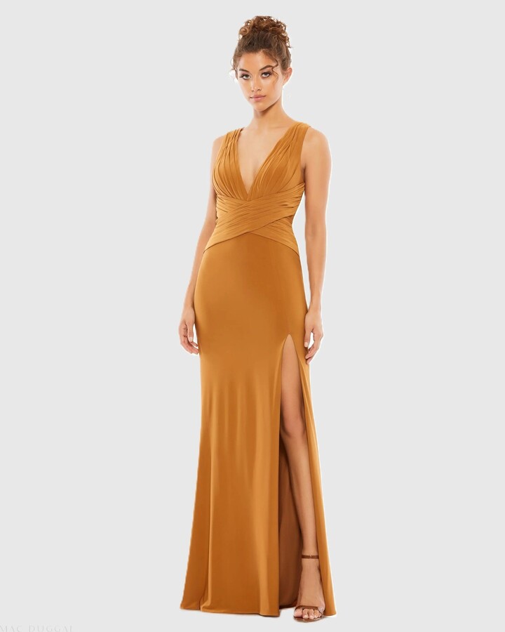Leena for Mac Duggal - Brown Pleated Bodice Jersey Column Gown - US 0