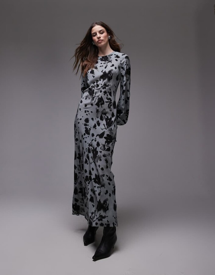 Topshop balloon sleeve maxi dress in gray abstract floral