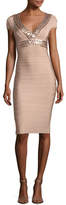 Thumbnail for your product : Herve Leger V-Neck Cap-Sleeve Bandage Cocktail Dress with Laser-cut Sequins