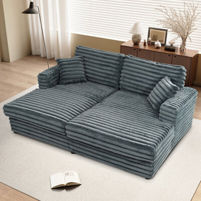 Latitude Run Oversized Loveseat Chaise Lounge Sofa Bed With Fluffy Corduroy Upholstery And Throw Pillows For Relaxing Naps And Gatherings