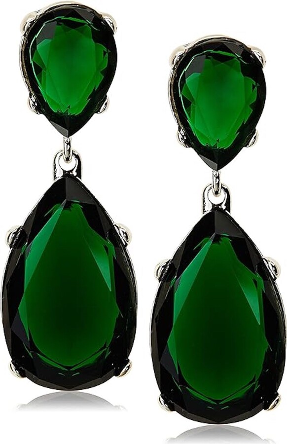 Kenneth Jay Lane Emerald Crystal Teardop-Shaped Drop Clip-On Earrings (Faceted Emerald/Silver)