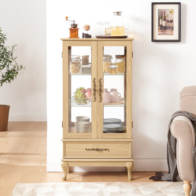 Astoria Grand Curio Display Cabinet, Adjustable Shelf Selections, 2 Doors, 1 Drawer, Vintage Metal Decree With Movable Partitions, Included Bulb, Handle