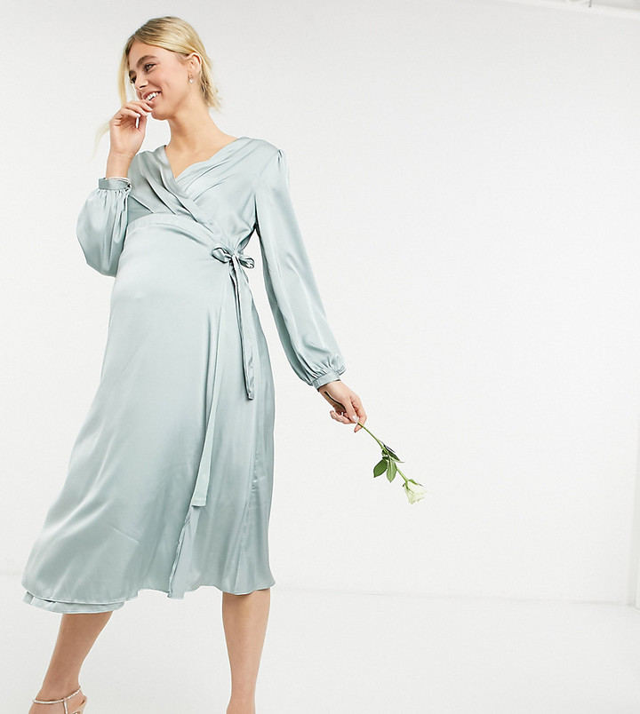 TFNC Maternity bridesmaid satin long sleeve wrap front midi dress in sage -  ShopStyle