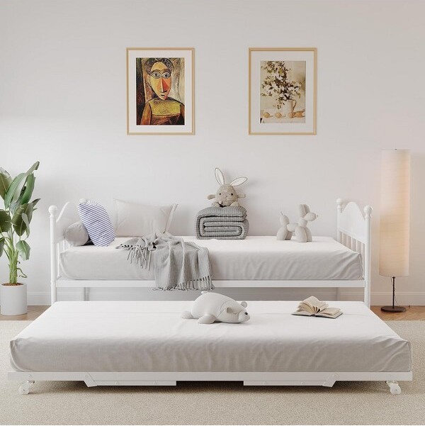 Garvee DayBedMetalDaybedFramewithTrundleFoldableBedTwinSizeHeavyDutySteelSlatsSupportPlatformFurnitureTexturedWhite