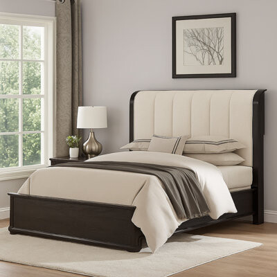 Benjara Osko Bed, Vertical Channeled Upholstered Headboard,