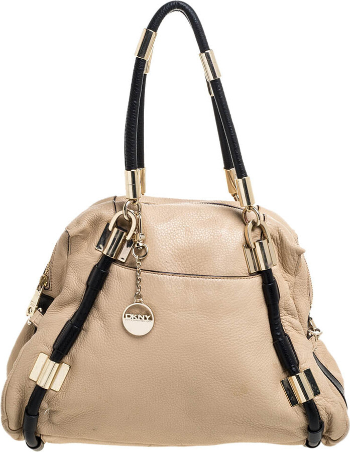 DKNY Beige/black Leather Metal Detail Satchel