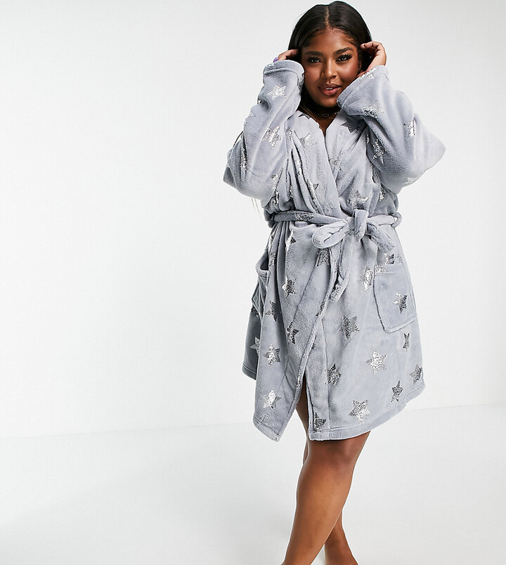 Brave Soul Plus stars fleece robe in gray and silver - ShopStyle