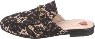 Gucci Princetown Mule Horsebit Accent Mules Gucci Princetown Mule Mules Black Lace Animal Print Horsebit Accent Leather Trim Semi-Pointed Toes with Lace Trim Embellishment Designer