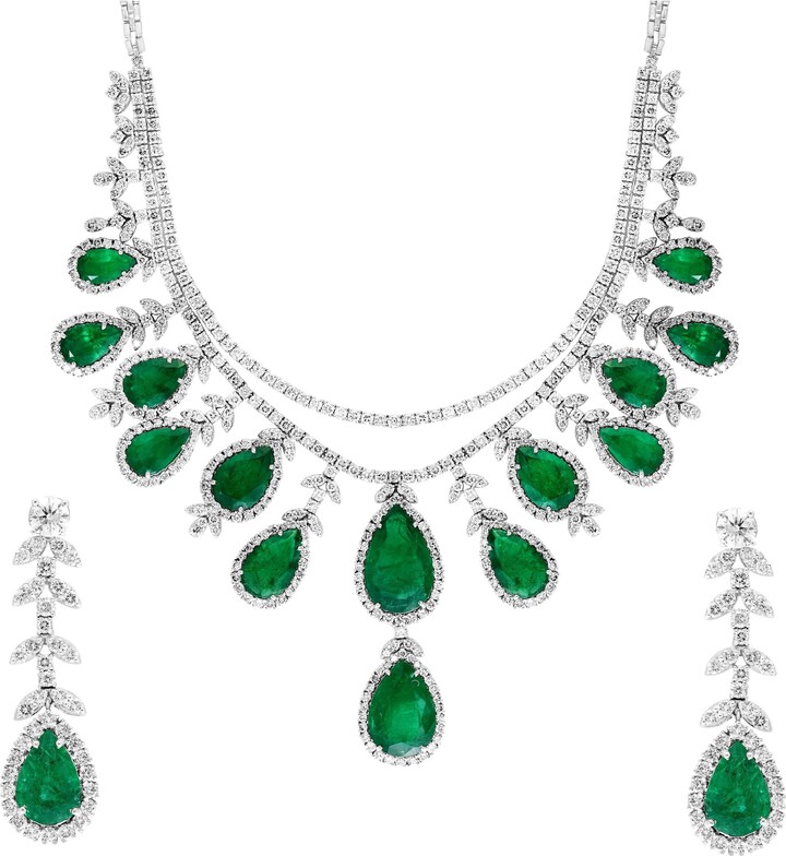 1stDibs Gia Certified 75 Ct Zambian Emerald & 30ct Diamond Necklace Earring Bridal Suite