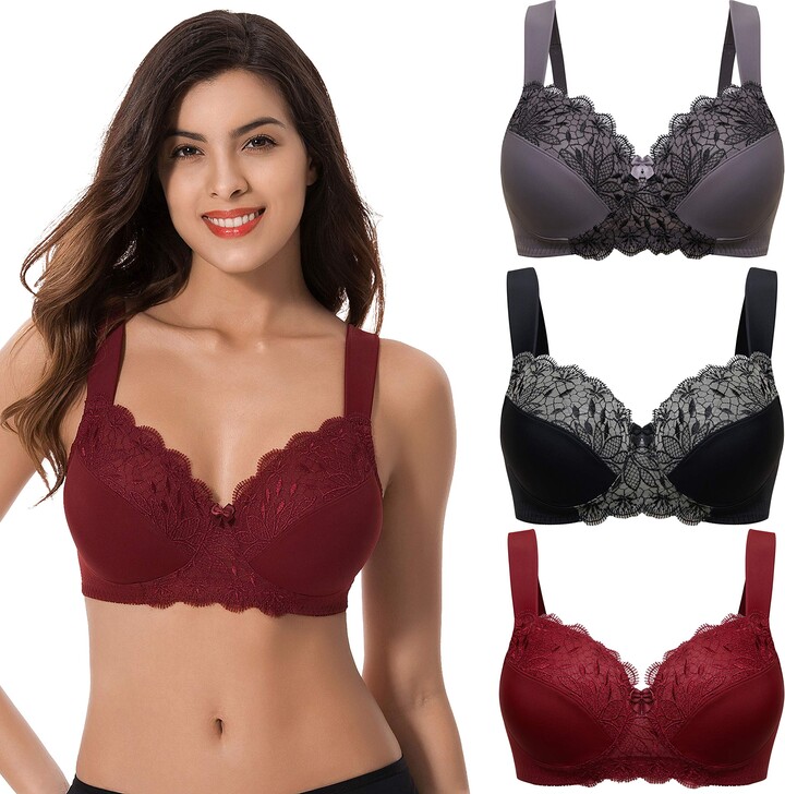 Curve Muse Plus Size Unlined Minimizer Wireless Bras with Embroidery Lace- 3Pack-Burgundy - ShopStyle