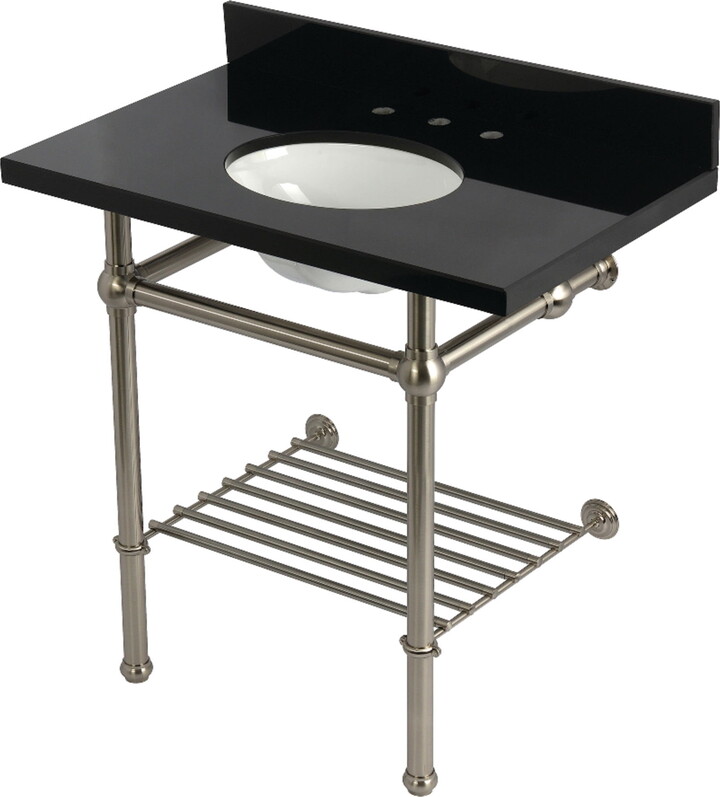 Kingston Brass KVPK36KBB8 Templeton 36" Black Granite Console Sink with Brass Legs and Shelf (8-Inch, 3-Hole), Black Granite/Brushed Nickel