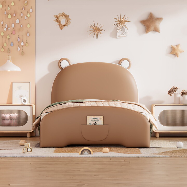 Aukfa Cartoon Animal Kids Twin PU Leather Standard Beds, Brown
