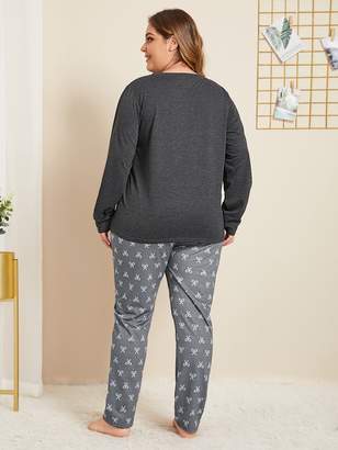 Shein Plus Bow Print Long Sleeve Pajama Set