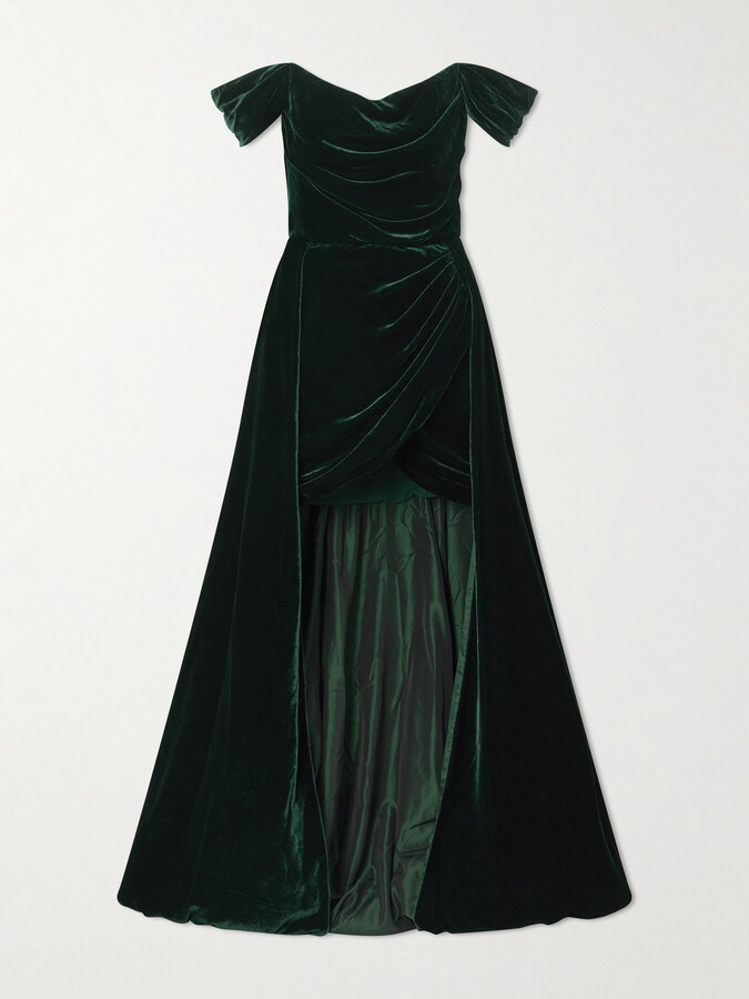 Costarellos Off-the-shoulder Asymmetric Velvet Gown - Green